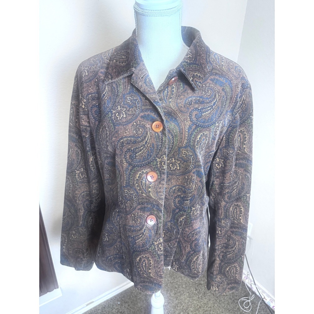 Jones New York Signature Paisley Corduroy Blazer Jacket Brown sz 14 Fall career